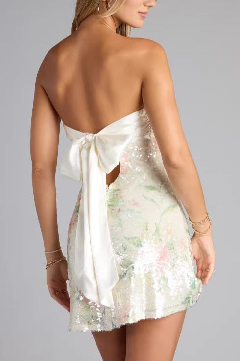 flower pattern lace-up bandeau bow mini dress