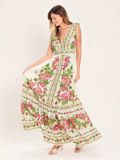Floral rose vine print maxi dress - green