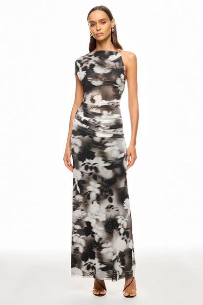 Ink-wash floral print backless mesh ruched bodycon maxi dress