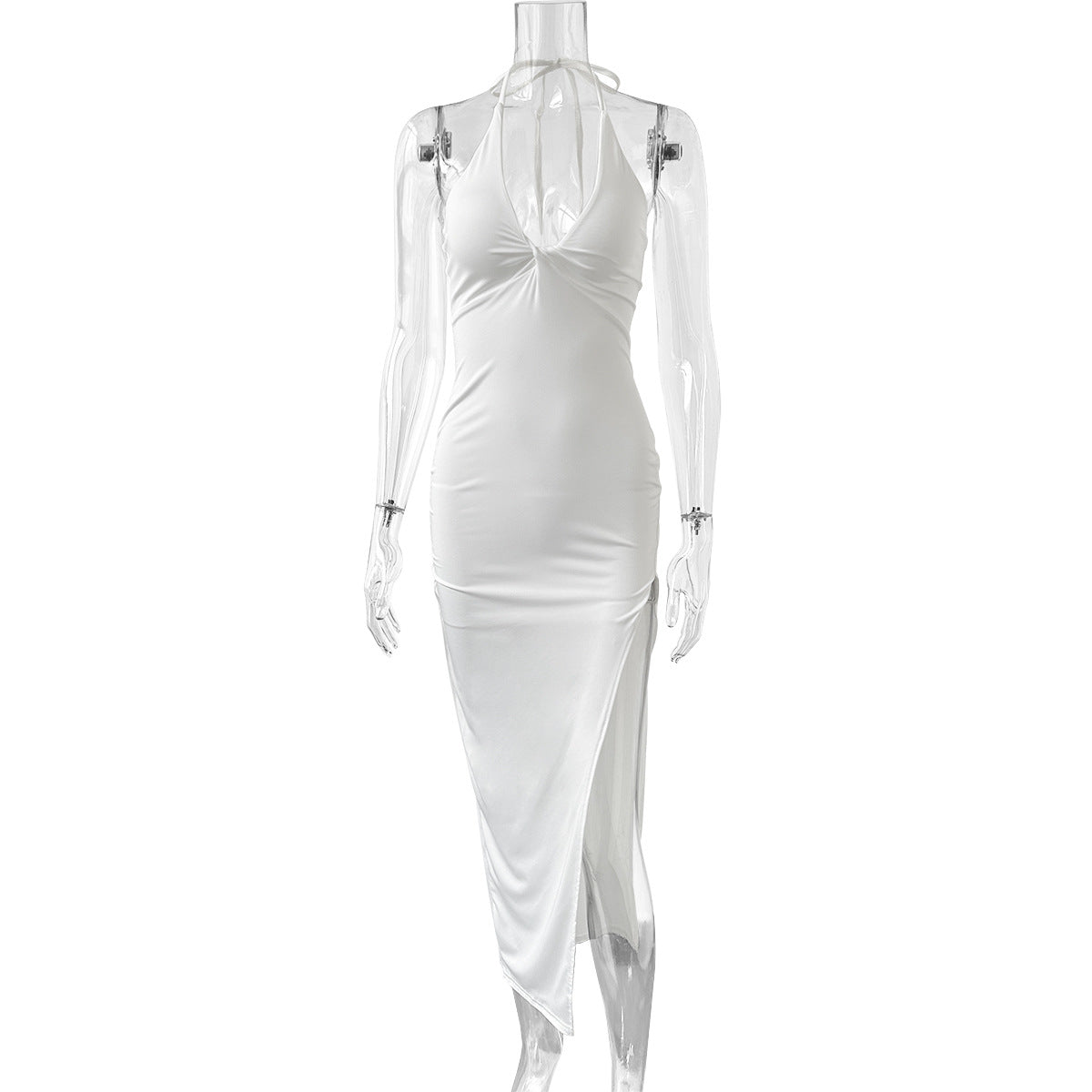 white Backless slit halter dress