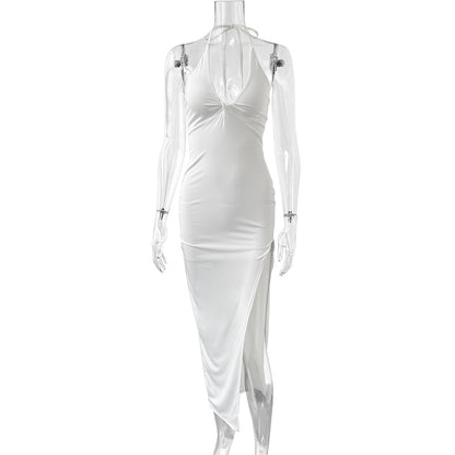 white Backless slit halter dress