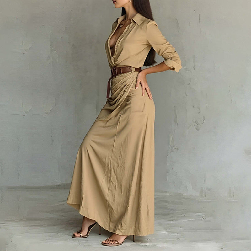 khaki waist slim V-neck dress