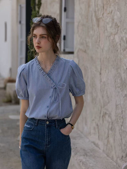 blue cotton asymmetrical  striped puff-sleeve shirt