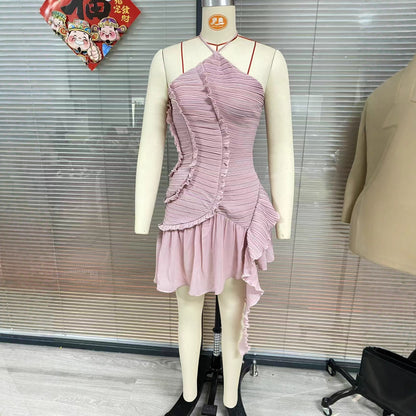 Uexor Halterneck Pleated Ruffle Mini Dress