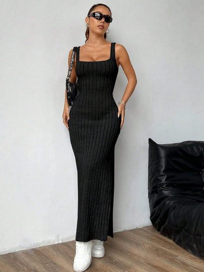 black High-waisted halter-neck slit maxi skirt