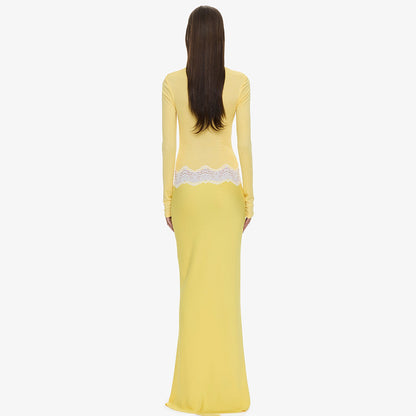 Yellow Long-Sleeve Keyhole Lace Dress Premium Fabric - product view 3