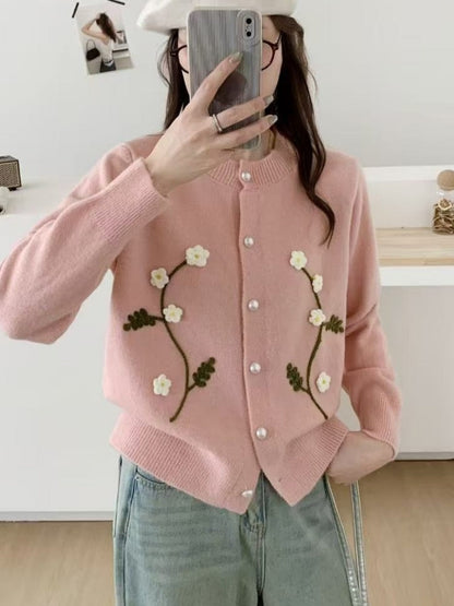 Embroidered Floral Crew-Neck Cardigan