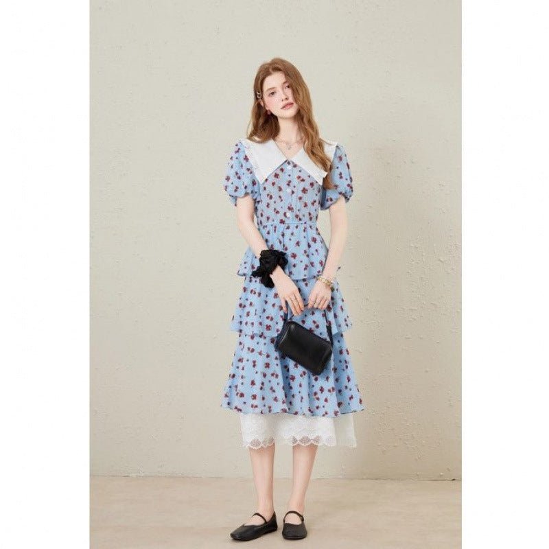 lace splicing print Tiered maxi dress in blue