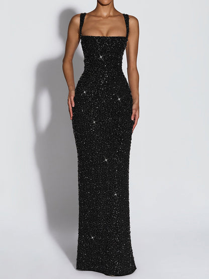 black sequin suspender evening dress