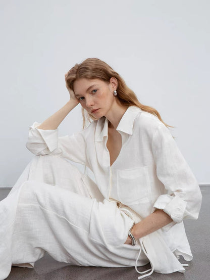 white V-neck linen long-sleeved shirt