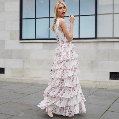 white chiffon print maxi dress