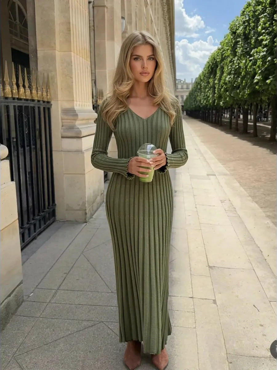 Olive Green Ribbed Knit Maxi Dress Premium Fabric - product view 1