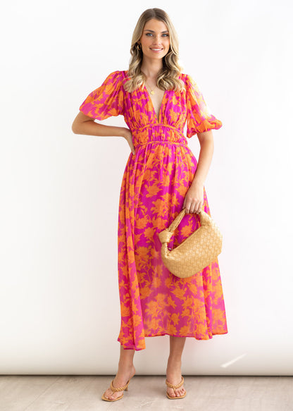v-neck floral print puff sleeve midi dress - red