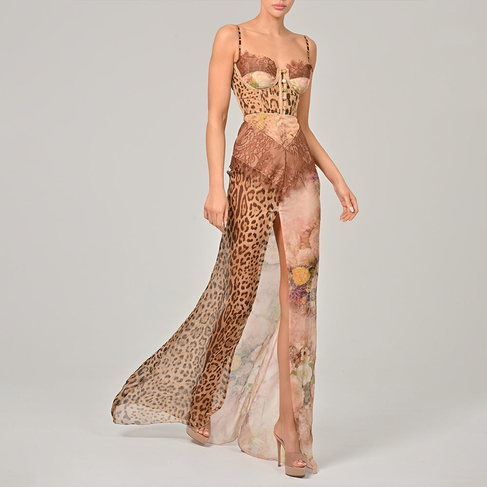 brown suspender slit bandeau chiffon dress