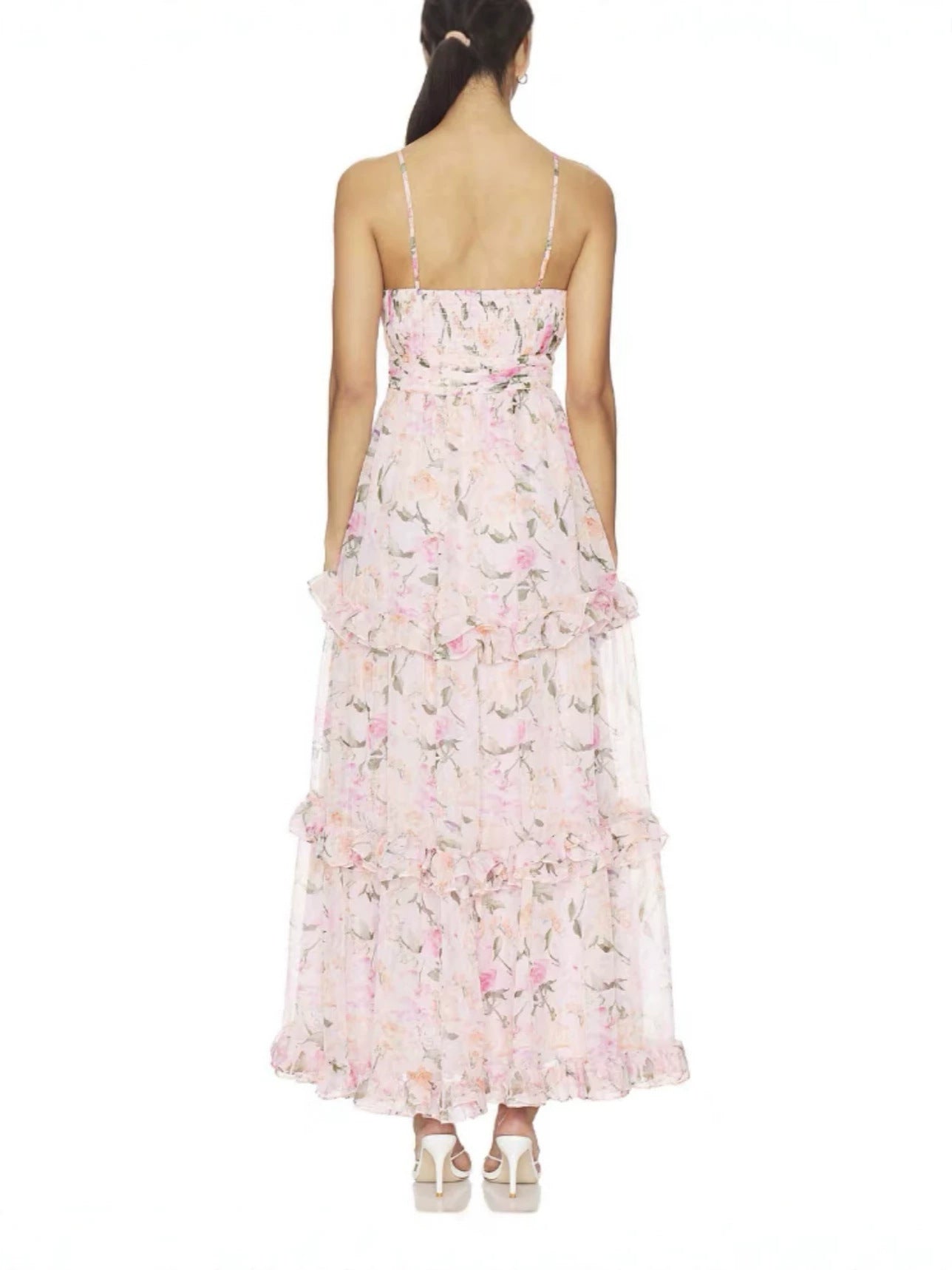 Printed camisole tiered maxi dress - pink