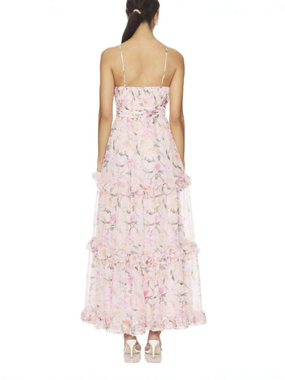 Printed camisole tiered maxi dress - pink