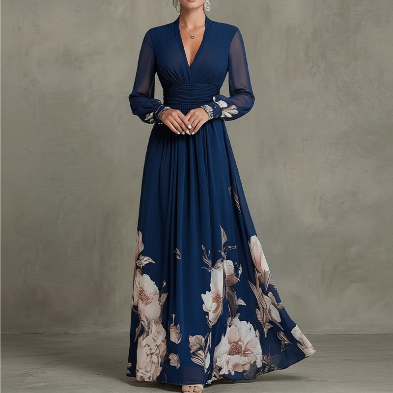 Printed V-Neck Stitched Long Sleeve Dress