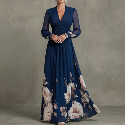 Printed V-Neck Stitched Long Sleeve Dress
