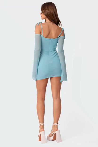 blue ruffled sleeve bandeau camisole dress