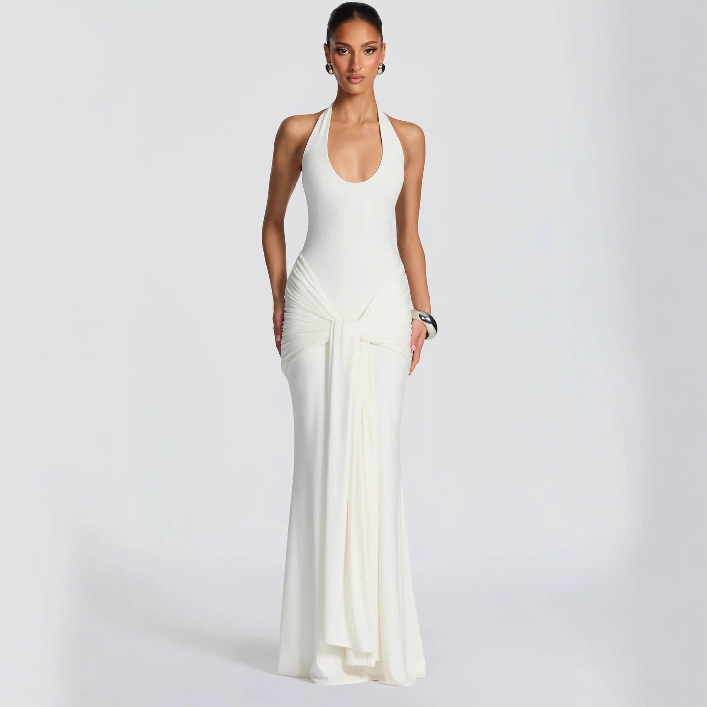 white streamer splicing suspender halterneck dress