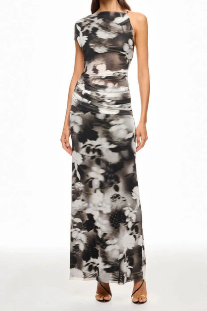 Ink-wash floral print backless mesh ruched bodycon maxi dress