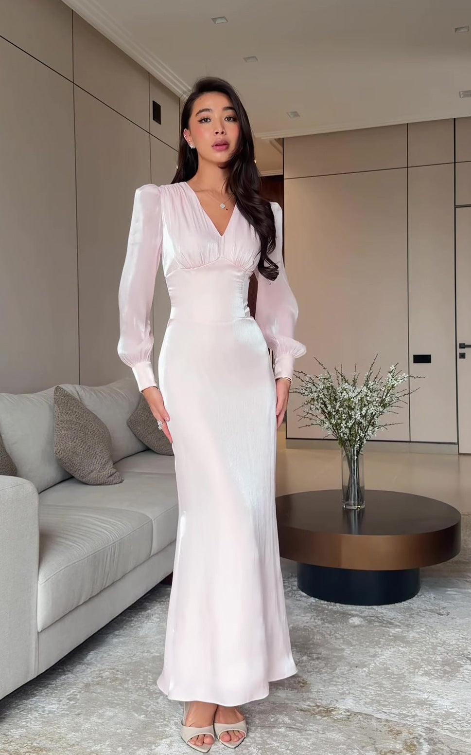 white long-sleeved maxi dress