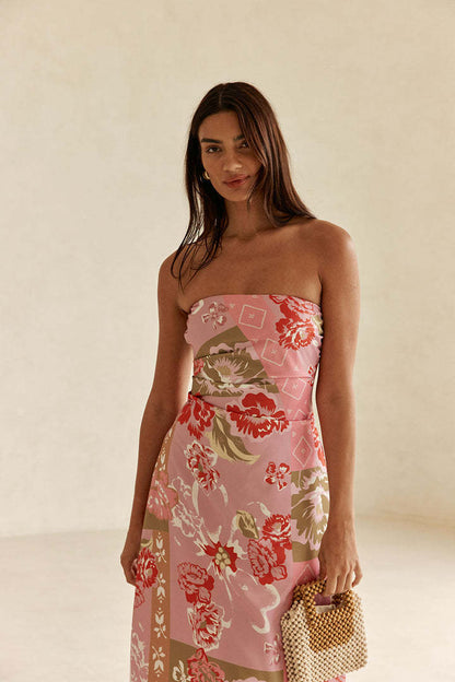 off shoulder floral print linen midi dress