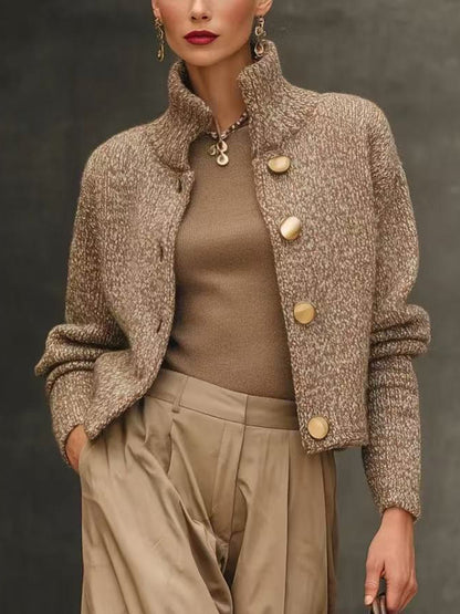 High-neck button-down knit short cardigan jacket