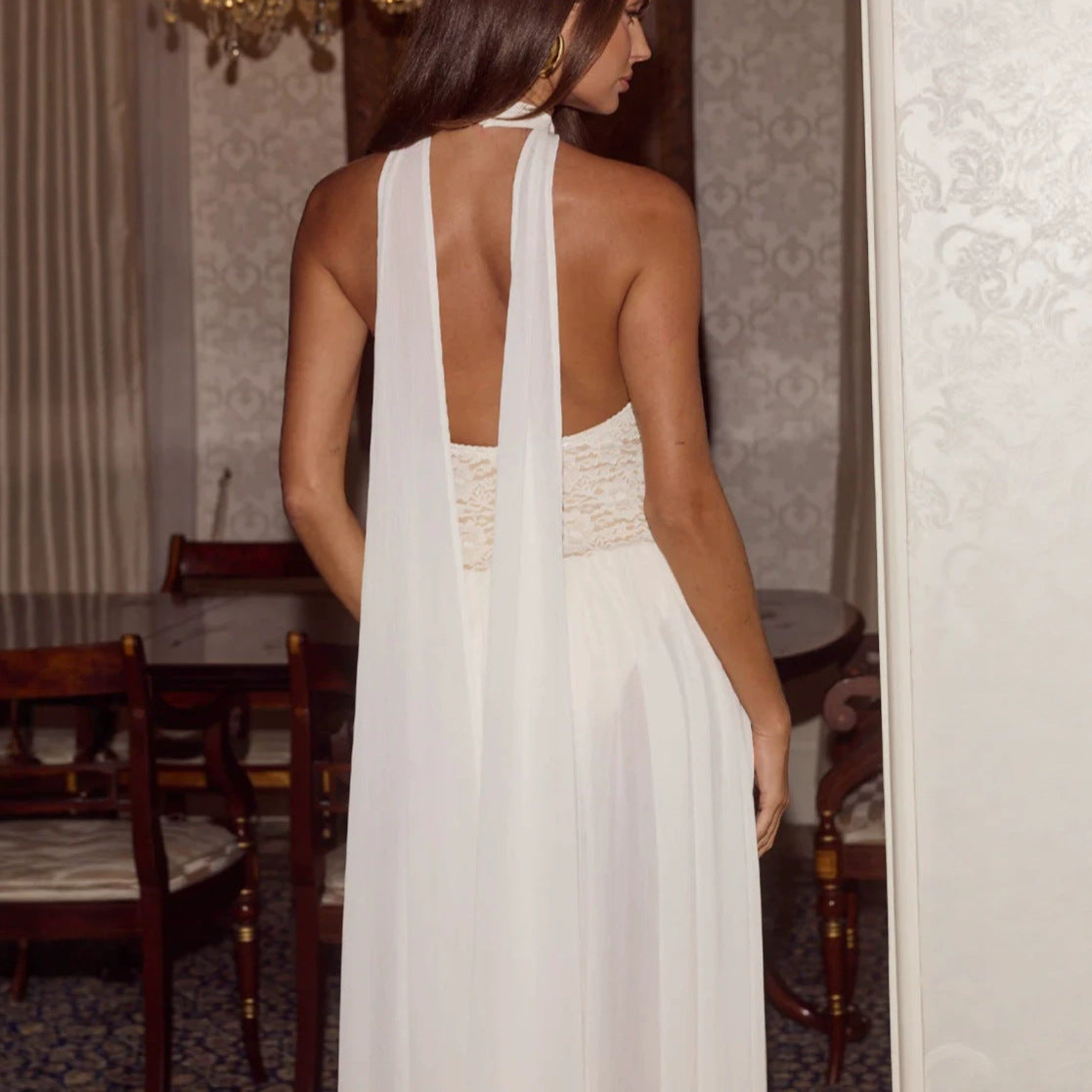 lace spliced halterneck long chiffon dress