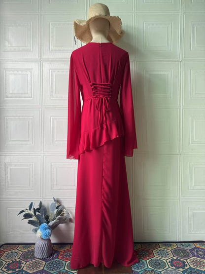 red long-sleeved maxi dress
