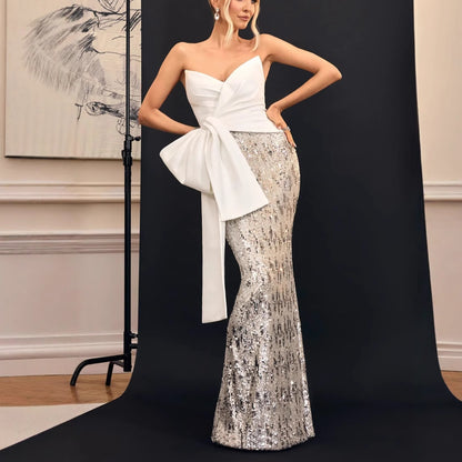 whtie V-neck strapless maxi dress