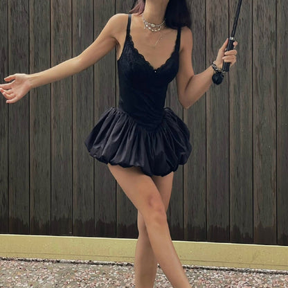 black Lace-Waist Spaghetti Strap Dress
