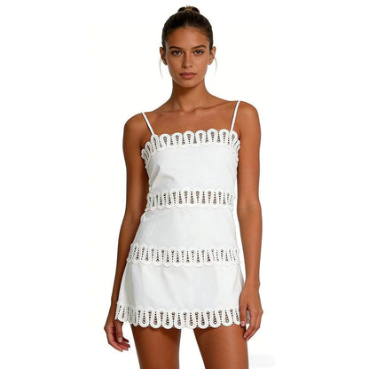Lace-trim strapless linen mini dress