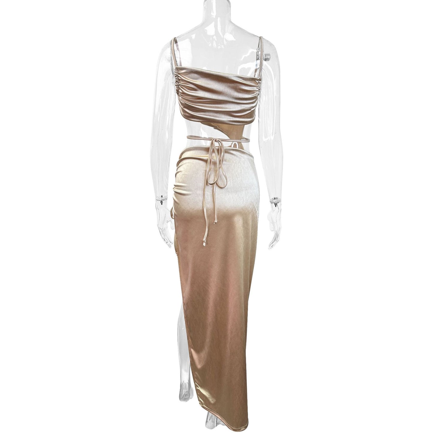 Pleated off-shoulder backless high-slit dress