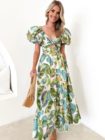 Printed puff-sleeve maxi dress with full flared skirt