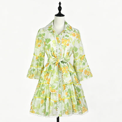 Botanical Print Lace Single Breasted Mini Dress - Green