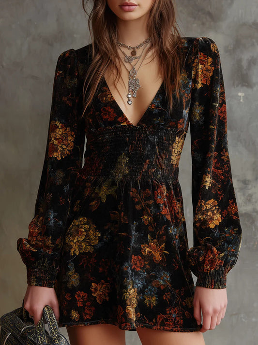 Floral print V-neck velvet mini dress