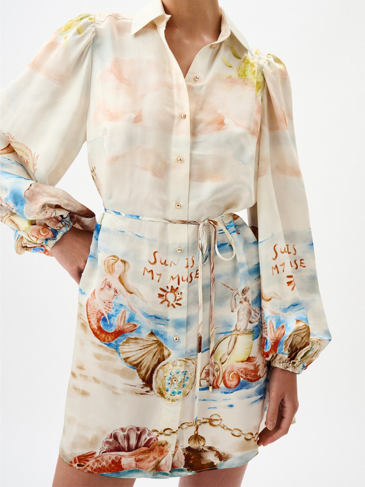 Printed puff long-sleeved collared mini dress