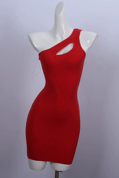 hollow slanted shoulder knitted suspender dress