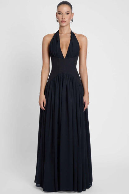 black suspender backless maxi dress