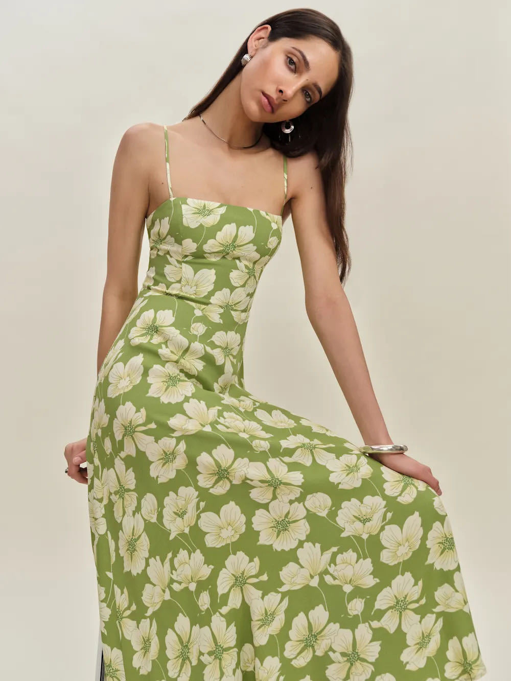 Printed Lemon Green Tea Camisole midi Dress