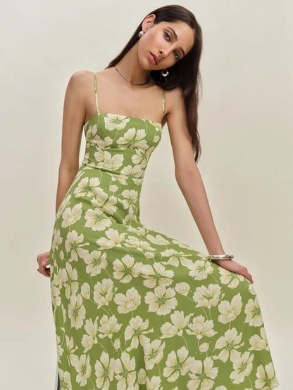 Printed Lemon Green Tea Camisole midi Dress