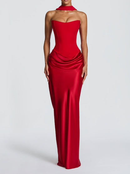 red satin lace-up streamer dress