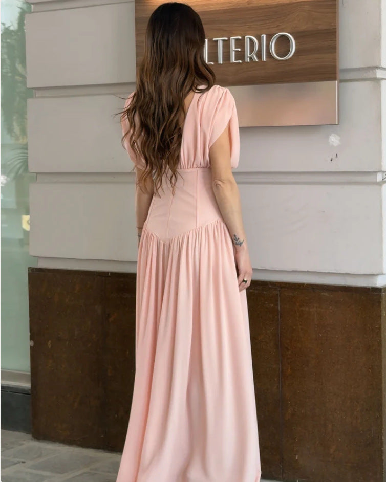 pink pleated  V-neck sleeveless asymmetrical dress