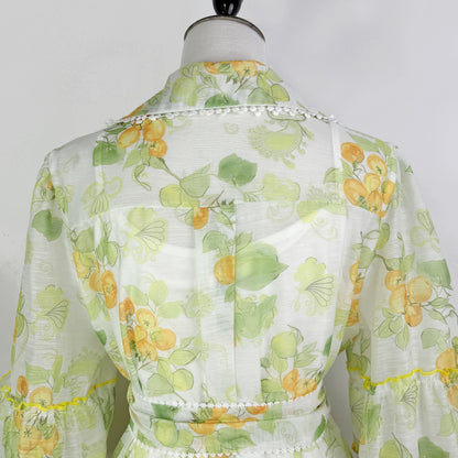 Botanical Print Lace Single Breasted Mini Dress - Green