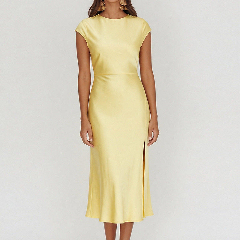 yellow Crew Neck Slit Slim Dress