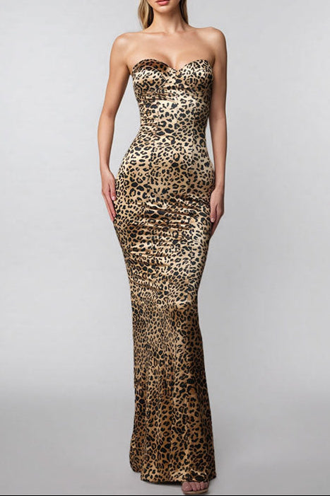 Leopard Print Strapless Bust-Wrapping Slit Dress