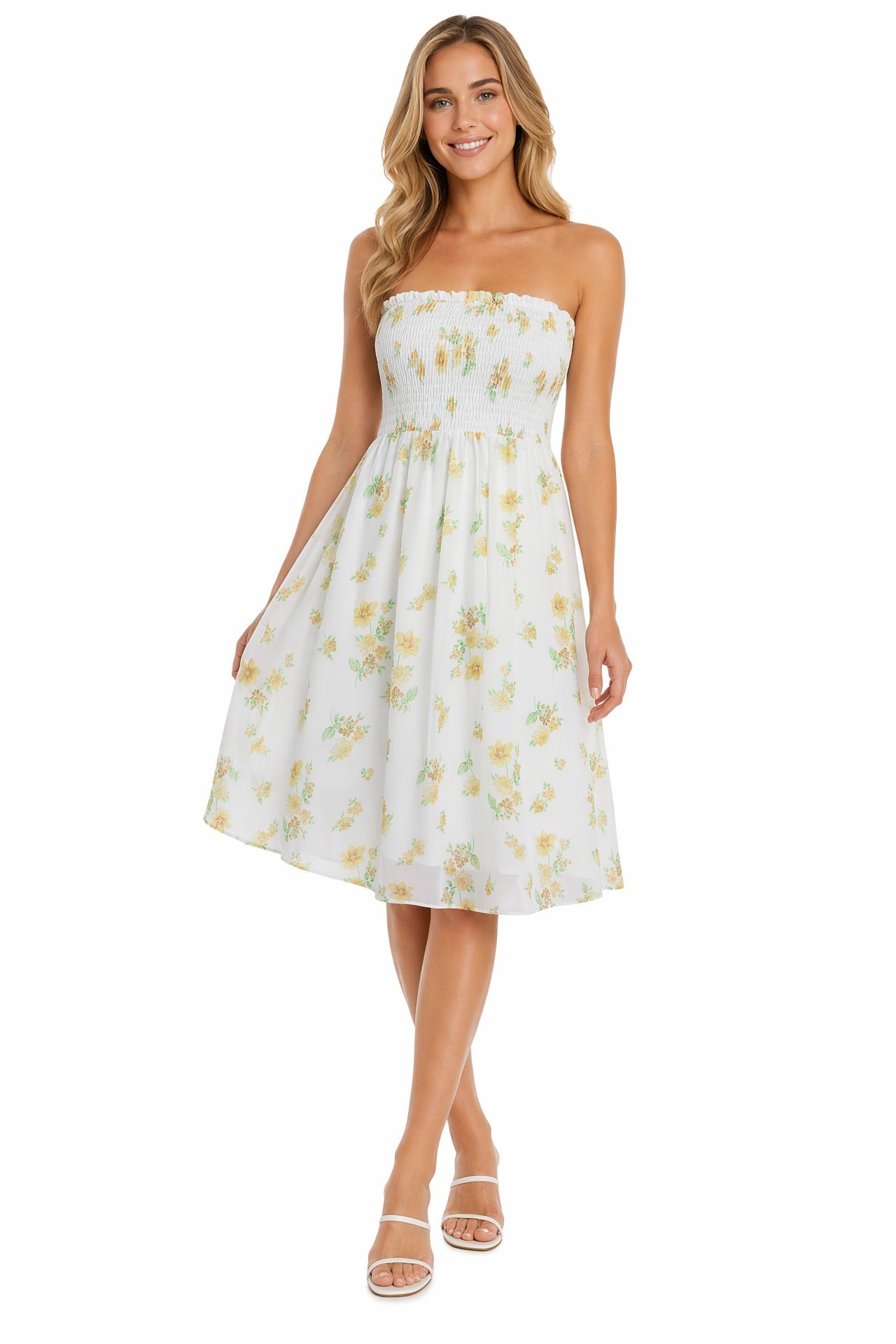 Beach-print strapless midi dress in yellow