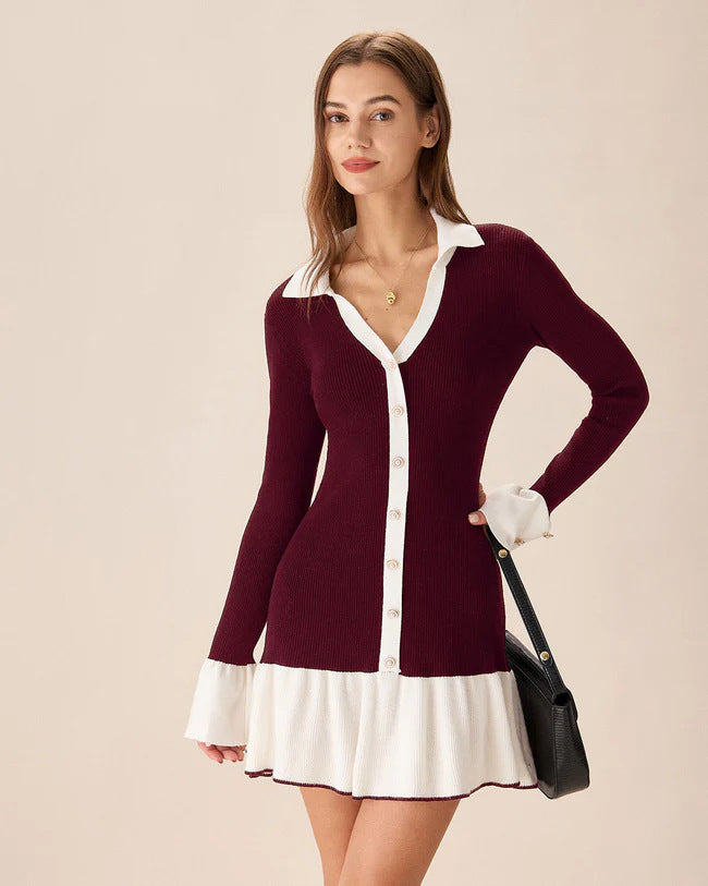 Black and white long-sleeved knitted ruffled mini dress