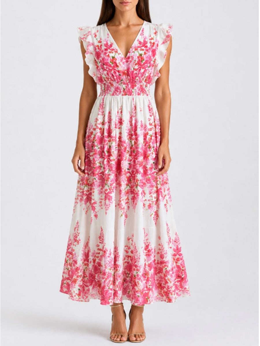 Blue-White Porcelain Print V-Neck Maxi Dress